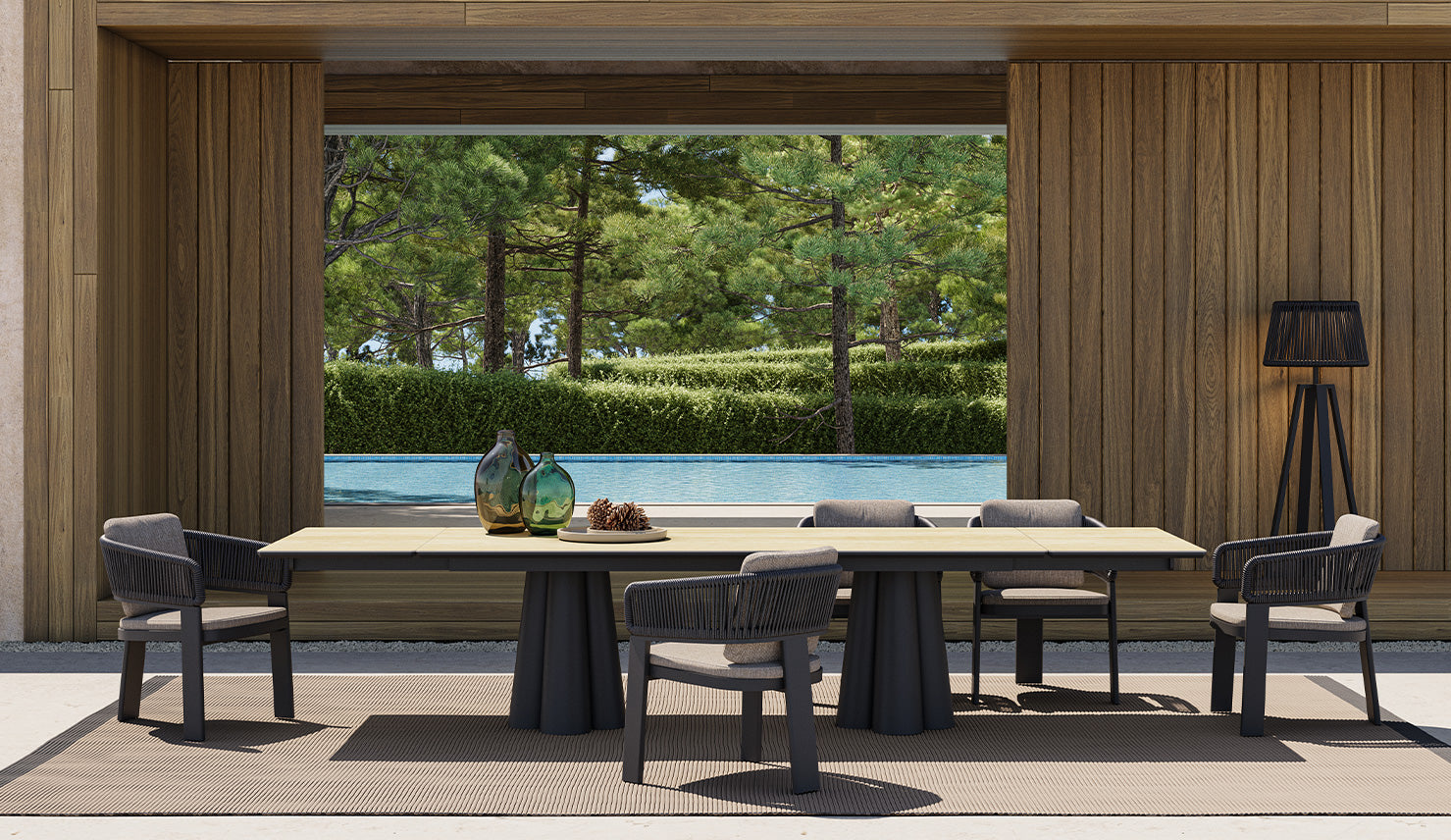 SOLENNA - Table repas outdoor Taupe / plateau céramique Ciment